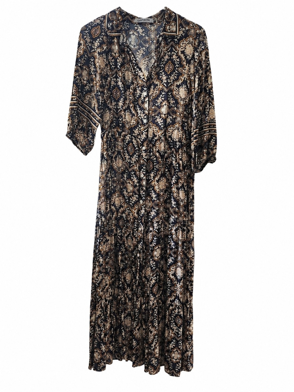 Boho Print V-Neck Maxi Dress - Navy & Beige